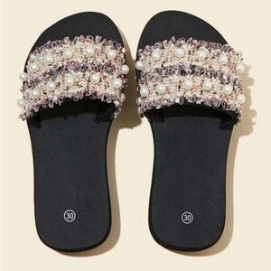 Girl Black Cream Embellished Slide Sandals